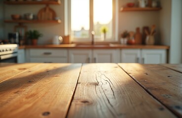 Aufkleber - Close-up wooden table with blurred kitchen background. Empty surface for product placement or design. Rustic interior, light from window. Modern template for food, drink, cafe presentation.