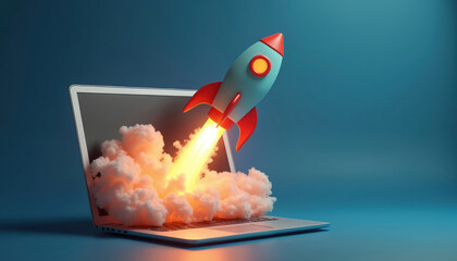 Aufkleber - Illustration shows cartoon rocket launch from laptop screen on vibrant blue background. Rocket takes off, concept startup new project. Digital art, tech, innovation, cyberspace, future.