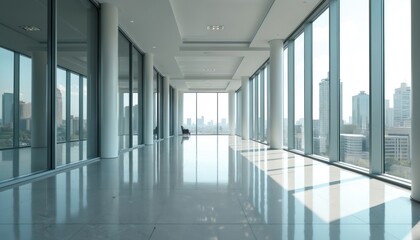 Poster - Empty office corridor with panoramic floor-to-ceiling windows overlooking modern city buildings. Minimalist design, white walls. Bright daylight reflections on shiny floor. Perspective, urban