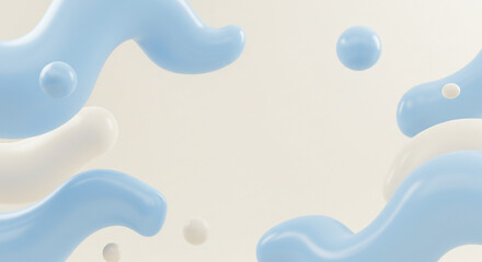 Poster - Serene pastel blue and white liquid shapes dance gently on a soft beige background, creating a calm and dreamy atmosphere.