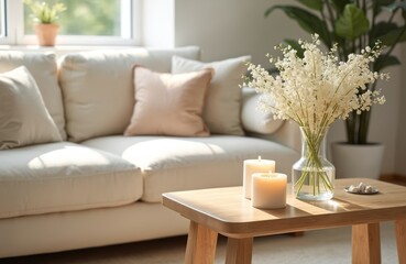 Poster - Cozy beige living room interior design with white sofa decorative pillows. Wooden table with candles and natural decorations, flowers in a glass vase near window. Simple, modern home furnishing.