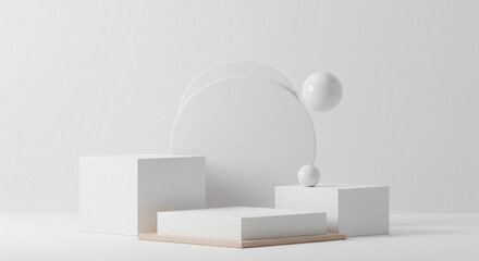 Poster - Serene white geometric forms balanced in an elegant minimalist display, a study in symmetry and light.
