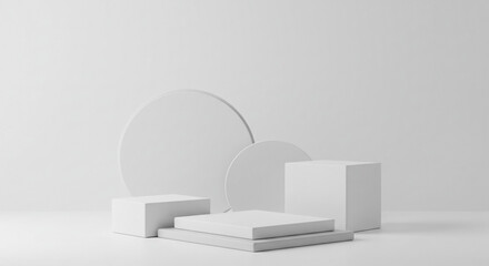 Poster - Serene Minimalist White Geometric Forms in a Pristine Studio Setting, bathed in soft, even light.