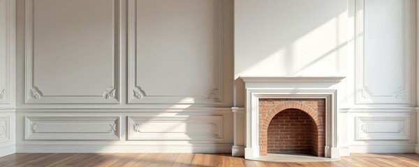 Aufkleber - Elegant white wall with decorative molding, fireplace. Interior design, architecture background. Empty room, classical style. Wooden floor, brick fireplace. Home decor. Sunlight.