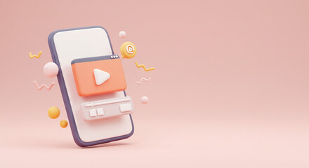 a playful smartphone showcasing a video player, playfully floating amidst pastel-colored shapes on a