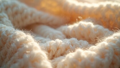 Poster - Close-up of soft fluffy knitted beige fabric. Warm wool material. Cozy comfortable cloth texture. Ideal background for design, craft, winter season themes, fashion, home decor, interior design,