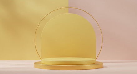 Poster - Elegant golden display stand showcasing a pastel yellow platform against a soft blush and yellow backdrop, perfect for product presentation.