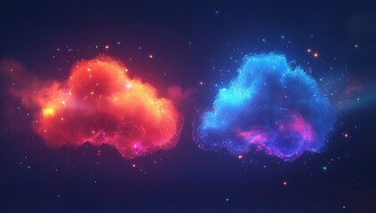 Poster - Abstract Neon Clouds: Red and Blue Glowing Nebulae in Dark Space