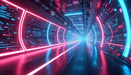 Fototapete - Futuristic HUD tunnel design. Abstract tech background with data center, server concept, and high-speed internet. Red and blue neon light with digital data. Innovation technology illustration.