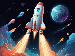 Wall Mural - Abstract glow modern of Rocket flying in space cartoon Illustration