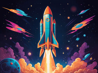 Wall Mural - Abstract glow modern Illustration of Rocket flying in space cartoon
