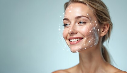 Poster - Smiling young woman with facial recognition scanning lines. Technology skin analysis face detection. Cosmetic procedure, face contour correction, facial rejuvenation. Digital biometric data for