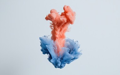 Poster - Abstract image of swirling blue and coral inks against a light gray background. The inks create a cloud-like, organic form. The lighting is even and soft, highlighting the textures of the inks