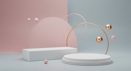 Poster - Elegant product display with floating spheres and soft pink and blue backdrop, showcasing clean lines and a minimalist aesthetic.