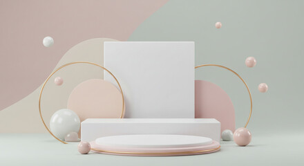 Poster - Serene pastel dreamland showcasing elegant product display with floating spheres and delicate gold accents.