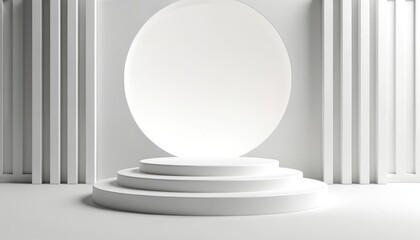 Aufkleber - Minimalist 3D render product display platform. Geometric forms with round podiums, white background. Modern stage for product presentation, awards, cosmetic. 3D rendering, clean design.