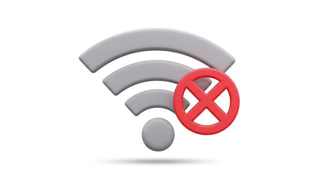 The Frustration of a Lost Connection: A grey wifi signal marked with a bold red X against a stark white background.