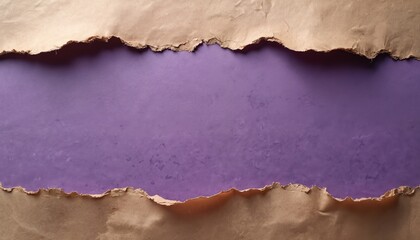 Aufkleber - Torn brown paper reveals textured purple background. Rough edges, creative design concept, abstract art template. Paper craft, grunge material, unique design. Empty space for message. Scrapbook style.