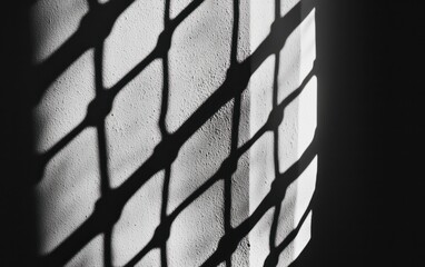 Poster - Abstract grayscale image featuring a textured surface with a grid-like pattern, illuminated by a strong light source creating dramatic shadows and contrast. The texture appears rough and possibly