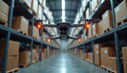 Aufkleber - Drone delivers packages in modern warehouse. Robotic logistics with automated system. Boxes on shelving units represent innovative shipping, transport, e-business. Technology, automation improve