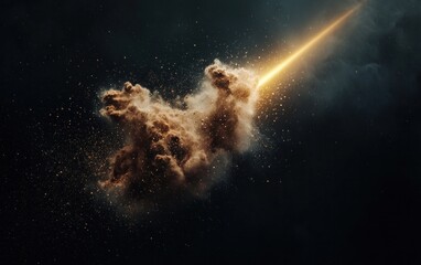 Poster - Cosmic dust cloud illuminated by a bright light source, dark background with scattered particles. Abstract space scene with glowing light streak