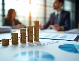 Aufkleber - Stacks of gold coins on financial charts, businessmen in suits blurred in background. Concept of financial growth, banking, investment, business strategy. Finance team analyzing financial data at