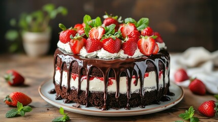 Poster - A beautifully decorated chocolate cake with creamy frosting, garnished with fresh strawberries, mint leaves, and a drizzle of chocolate for a mouth-watering treat