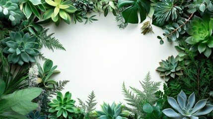 Poster - A botanical frame made of various green leaves and succulent plants, creating a nature-inspired border around a blank central space for design.