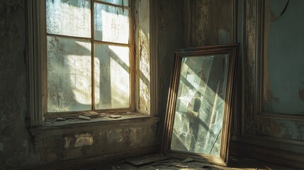 Poster - A broken mirror in an abandoned room, with sunlight filtering through a dusty window, creating a haunting, yet beautiful scene of decay.