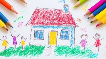Poster - A child's colorful drawing of a house surrounded by stick figures of children, with bright colors and a cheerful, playful design.