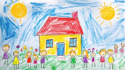 Poster - A child's colorful drawing of a house surrounded by stick figures of children, with bright colors and a cheerful, playful design.