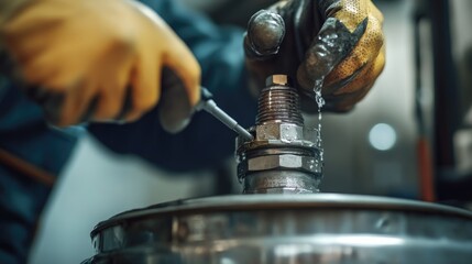 Aufkleber - A close-up of a technician using a tool to detect a water leak in an old, broken heater, highlighting the need for maintenance.