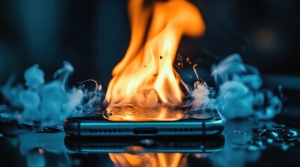 Poster - A close-up shot of an overheated phone charger sparking flames, with smoke rising as a dangerous sign of electrical malfunction.