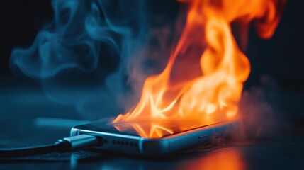 Poster - A close-up shot of an overheated phone charger sparking flames, with smoke rising as a dangerous sign of electrical malfunction.