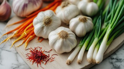 Aufkleber - A close-up shot of garlic cloves, strands of saffron, and green onions on a light-colored chopping board, showcasing fresh ingredients for cooking.
