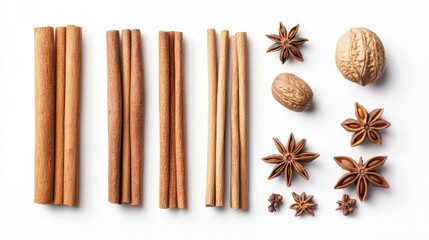 Poster - A collection of cinnamon sticks, nutmeg, and star anise on a light background, offering a warm and inviting aesthetic that inspires culinary creativity.
