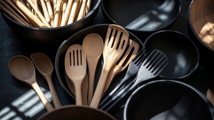 Poster - A collection of wooden and black kitchen utensils arranged in black bowls, with soft light casting gentle shadows on the surface, creating an elegant culinary scene.
