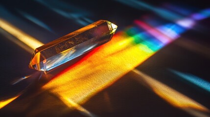 Poster - A crystal prism casting vibrant rainbow hues on a surface, creating a beautiful display of light, shadow, and color through its magical spectrum.