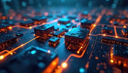 Fototapete - Abstract tech background with glowing circuitry patterns. Futuristic conceptual design for modern innovations connectivity. Digital circuits, electronic components, data transmission, ai technology,
