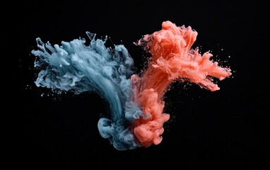 Poster - Abstract image of blue and coral paint splashes against a black background. The colors are vibrant and dynamic, creating a sense of movement and energy. The image is well-lit, with sharp details. 