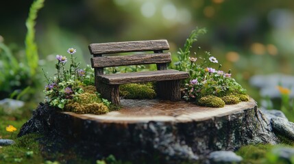 Poster - A detailed illustration of a miniature rustic park bench on a tree trunk slice, surrounded by tiny wildflowers and patches of moss, creating a whimsical scene