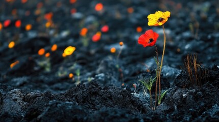 Poster - A field of vibrant flowers growing in contrast to dark, charred earth, symbolizing beauty in destruction and nature's resilience in a harsh environment.