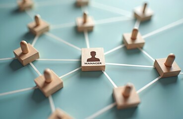Poster - Wooden cube block with manager icon connected to team members by connection lines. Organization structure company network teamwork concept. Leadership executive management human resources relation.