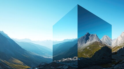Poster - A reflective cube showcases a stunning mountain landscape and clear blue sky, creating a surreal and intriguing visual effect