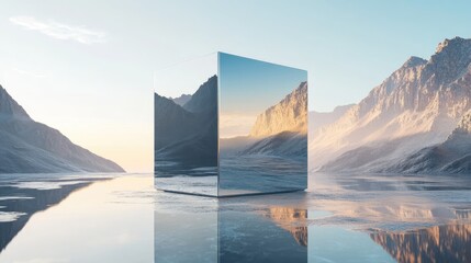Poster - A reflective cube mirrors a breathtaking landscape with mountains and a clear sky, creating an abstract yet serene visual illusion.