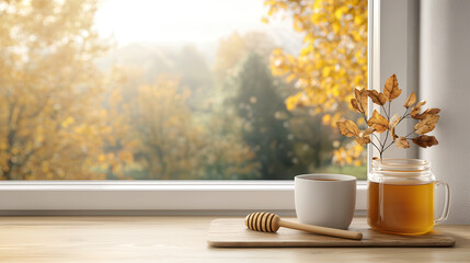 Poster - cozy autumn scene with honey jar and cup on wooden board by window, overlooking sunlit landscape with fall foliage. warm atmosphere evokes comfort and tranquility