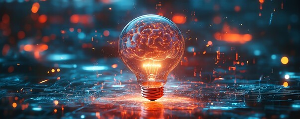 Leinwandbilder - An innovative fusion of a glowing light bulb and a brain