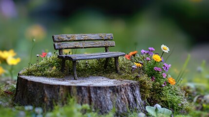 Poster - A tiny, aged park bench placed on a slice of tree trunk, adorned with moss and surrounded by miniature wildflowers, creating an enchanting, rustic atmosphere.