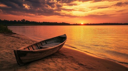Poster - A tranquil wooden boat on a sandy riverbank under a dusky orange sky, with the setting sun casting warm hues over the water, evoking serenity.