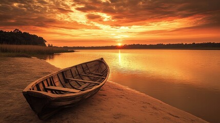 Poster - A tranquil wooden boat on a sandy riverbank under a dusky orange sky, with the setting sun casting warm hues over the water, evoking serenity.